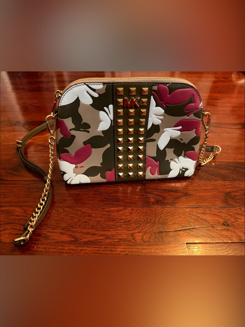 NWOT Michael Kors Studded Camouflage Crossbody Bag in Olive, Burgundy & White